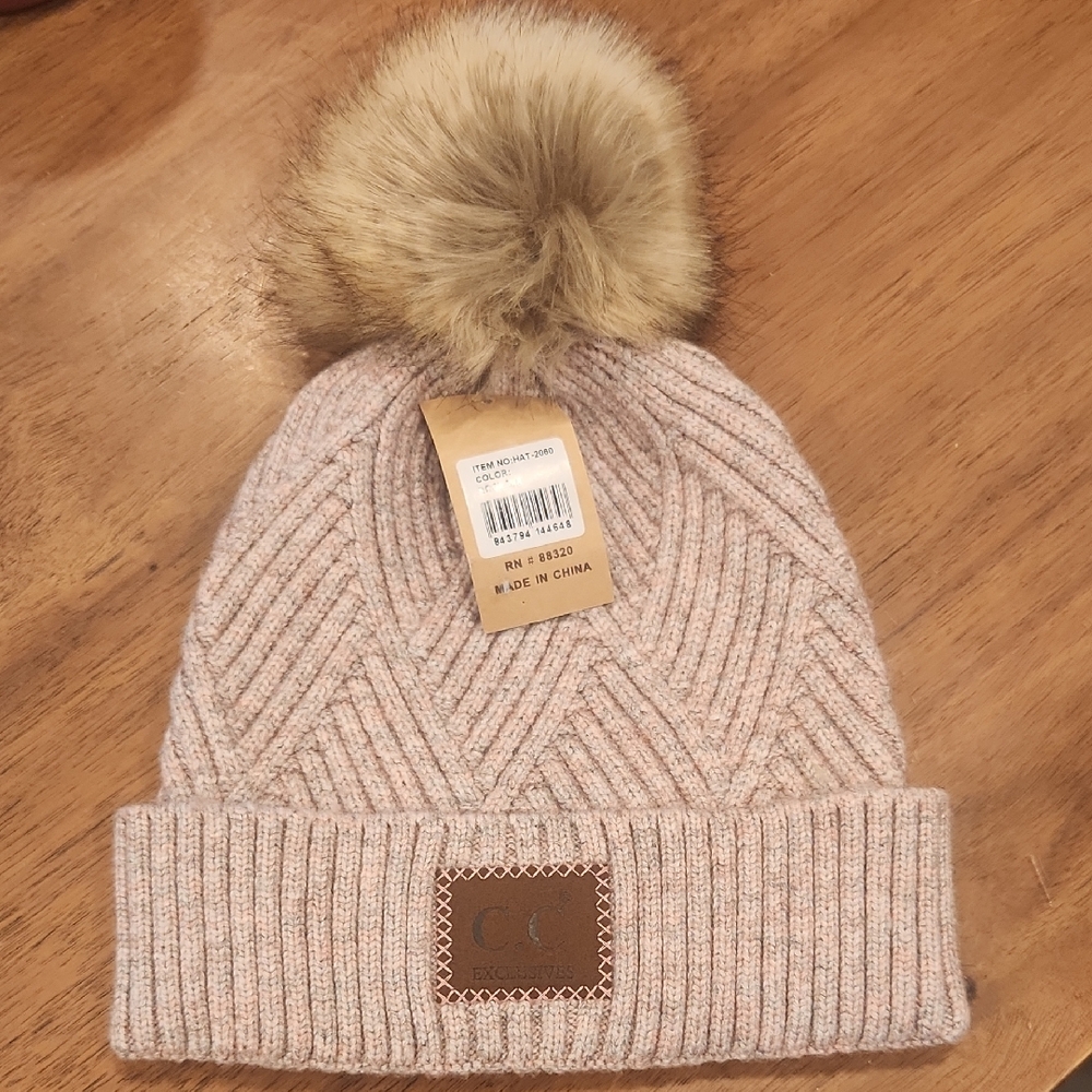 Cozy Beige Knit Pom-Pom Beanie